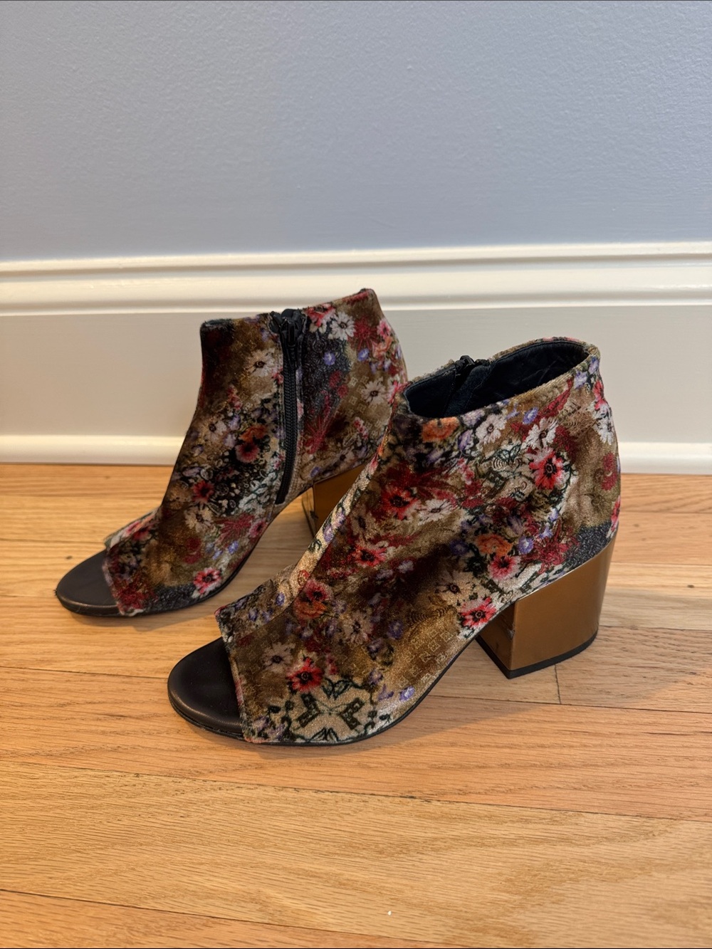 Fabio Rusconi Floral Velvet Open-Toe Block Heel Ankle Booties EU Sz 38